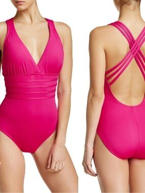 🩷NWT La Blanca Hot Pink Cross-Strap V-Neck One-Piece Tummy Control Swimsuit 16🩷